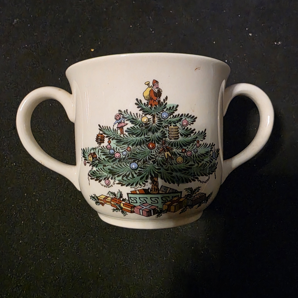 White Ceramic Double-Handled Cup with Holiday Tree